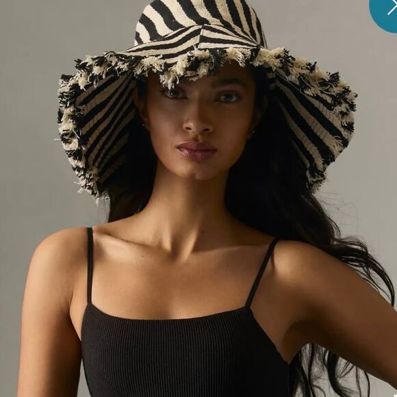 Anthropologie Striped Fray Hem Bucket Hat Black White Statement Stylish main image 6